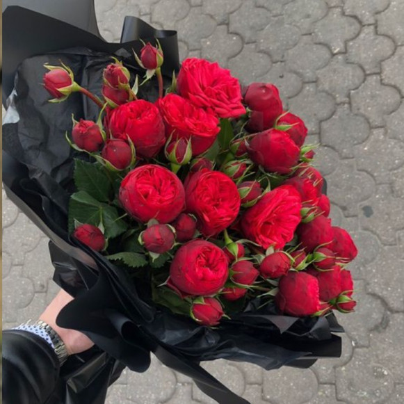 15 красных пионовидных роз в черной упаковке