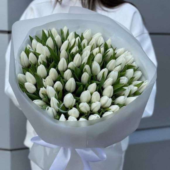 101 белый тюльпан с пышной упаковкой Москва