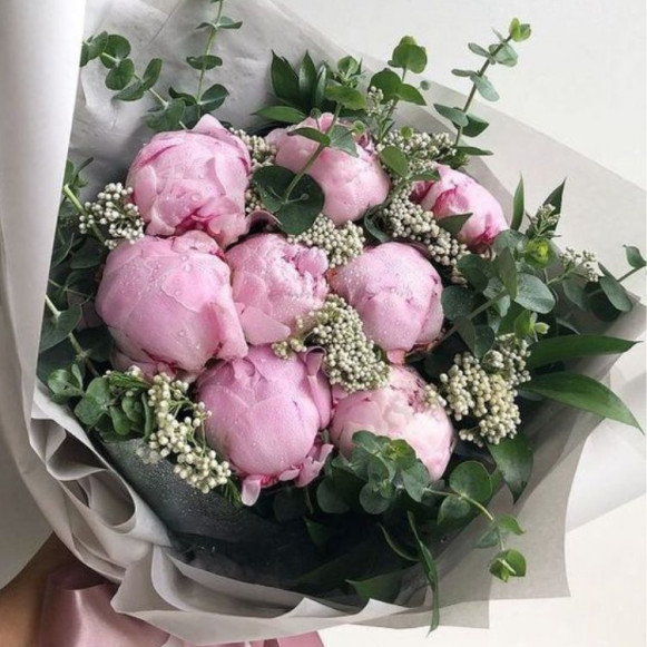 Букет 9 розовых пионов с двойной зеленью и упаковкой в Москве