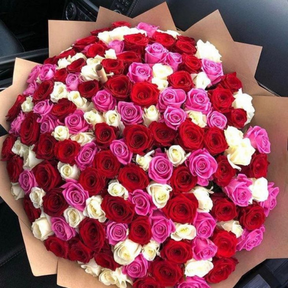 151 красная и белая роза с крафтом в Москве