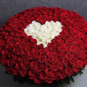 Большая корзина 301 роза с белым сердцем