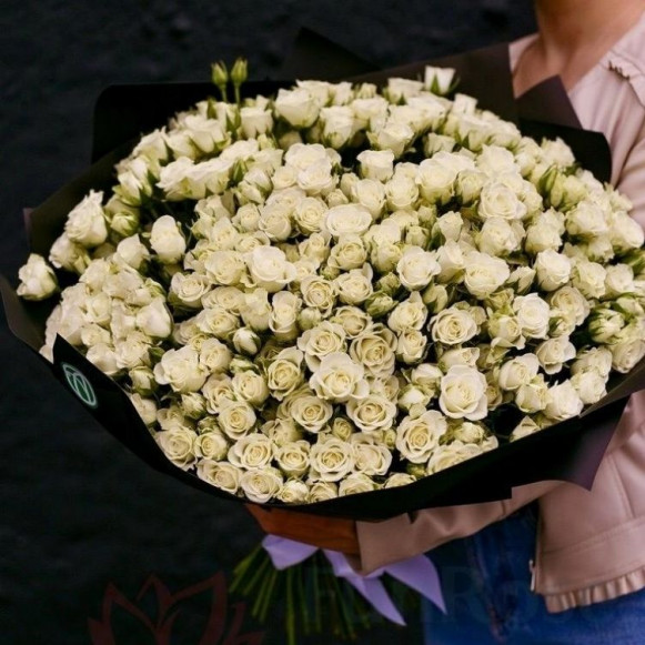 Букет 101 ветка белой кустовой розы с черной упаковкой в Москве