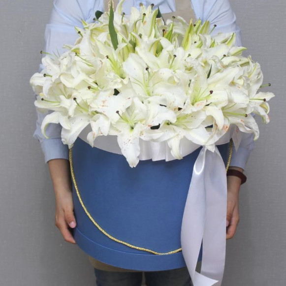 Большая коробка 25 веток белой лилии в Москве