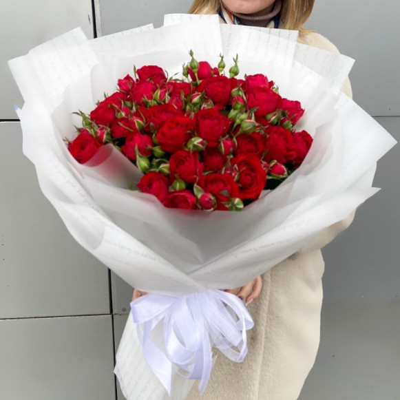 Букет 11 красных кустовых роз с белой упаковкой